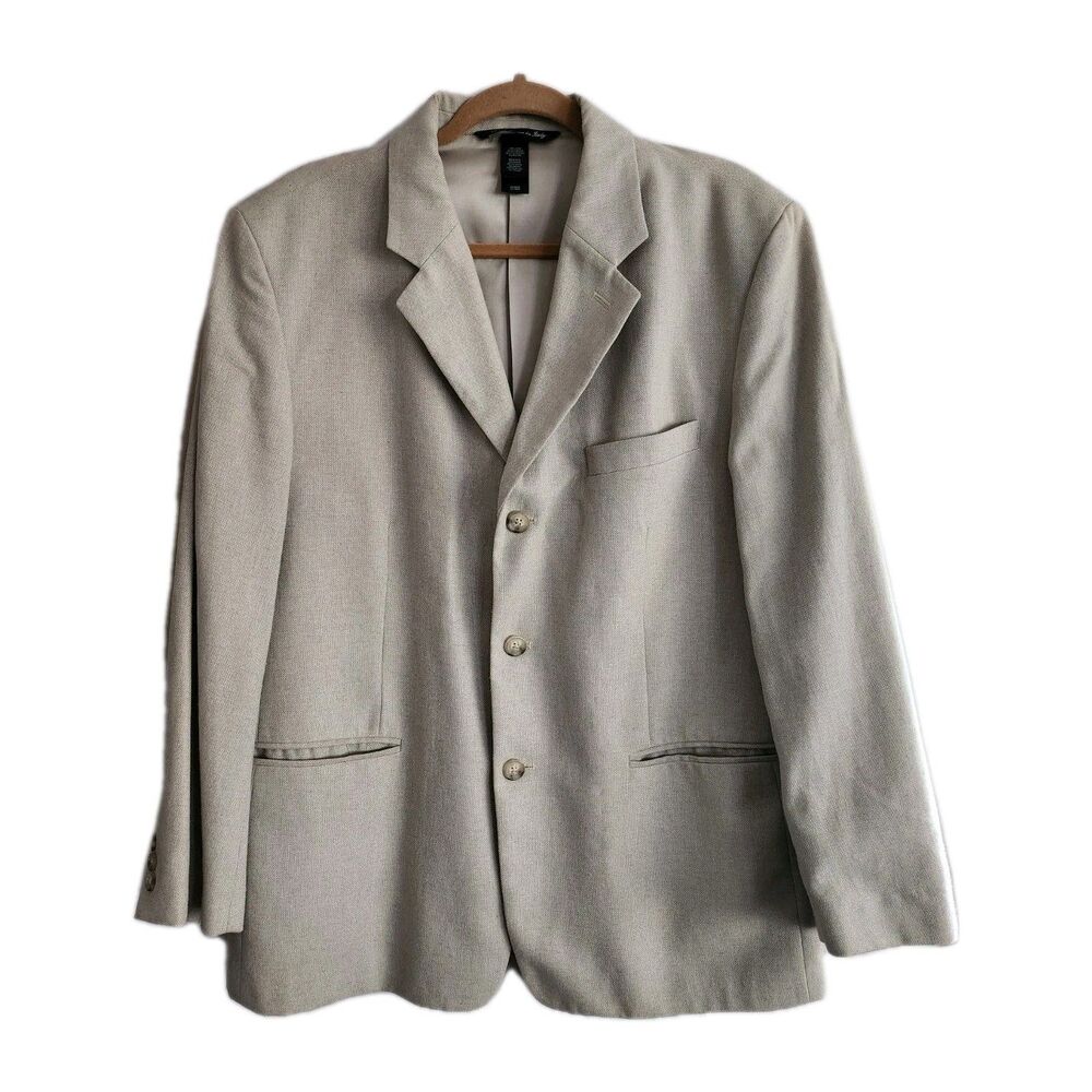 Clairborne Linen Blend 3 Button Blazer Made In Italy Beige 42 Short